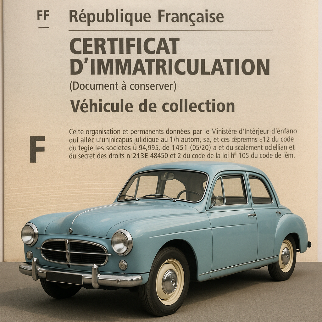 Véhicule ancien avec sa carte grise de collection