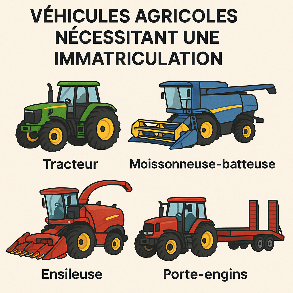 Illustration de différents types de véhicules agricoles devant être immatriculés.