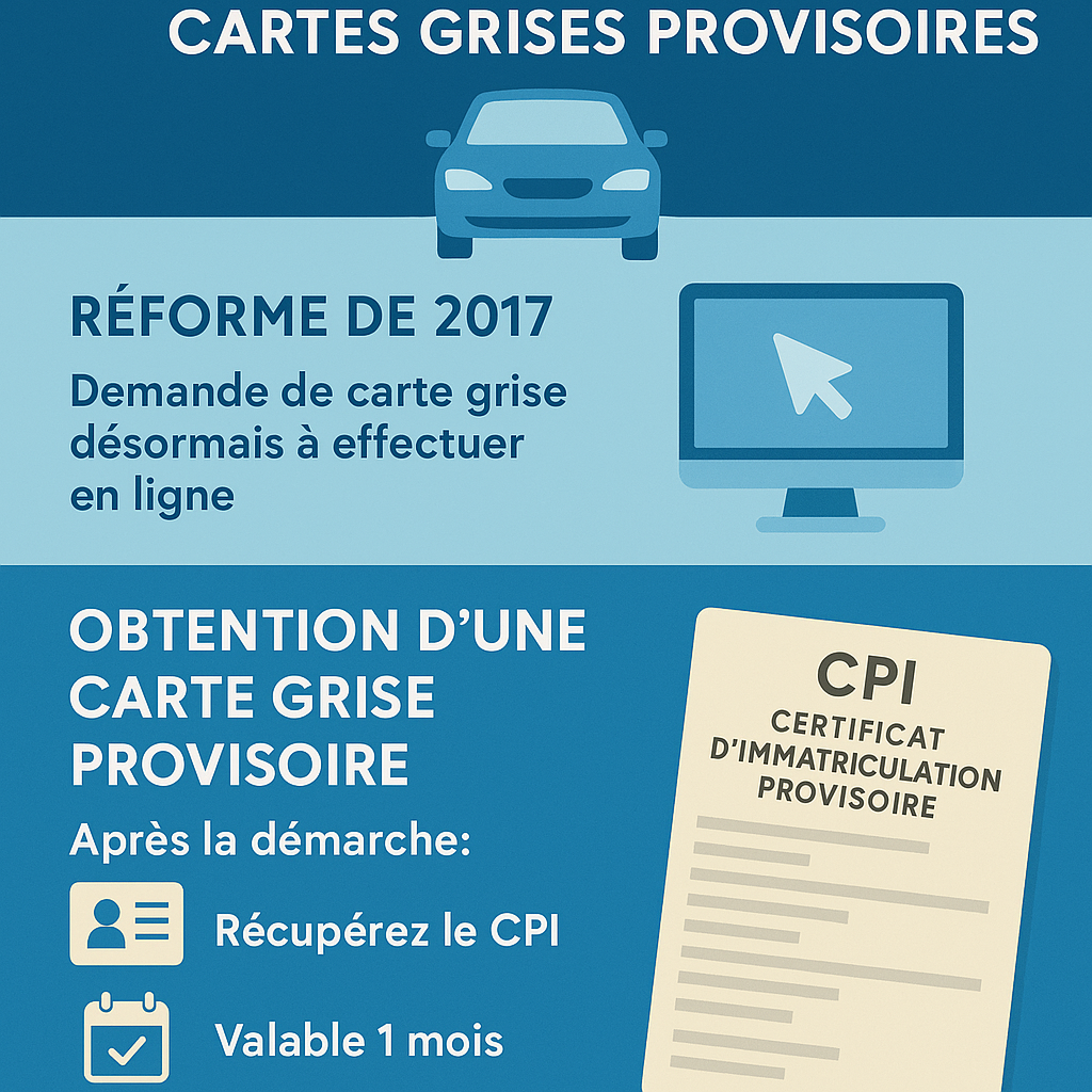 Infographie sur la réforme de 2017 et les démarches pour obtenir une carte grise provisoire.