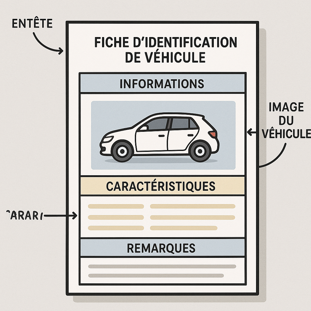 Illustration de la fiche d'identification d'un véhicule avec ses sections clés.