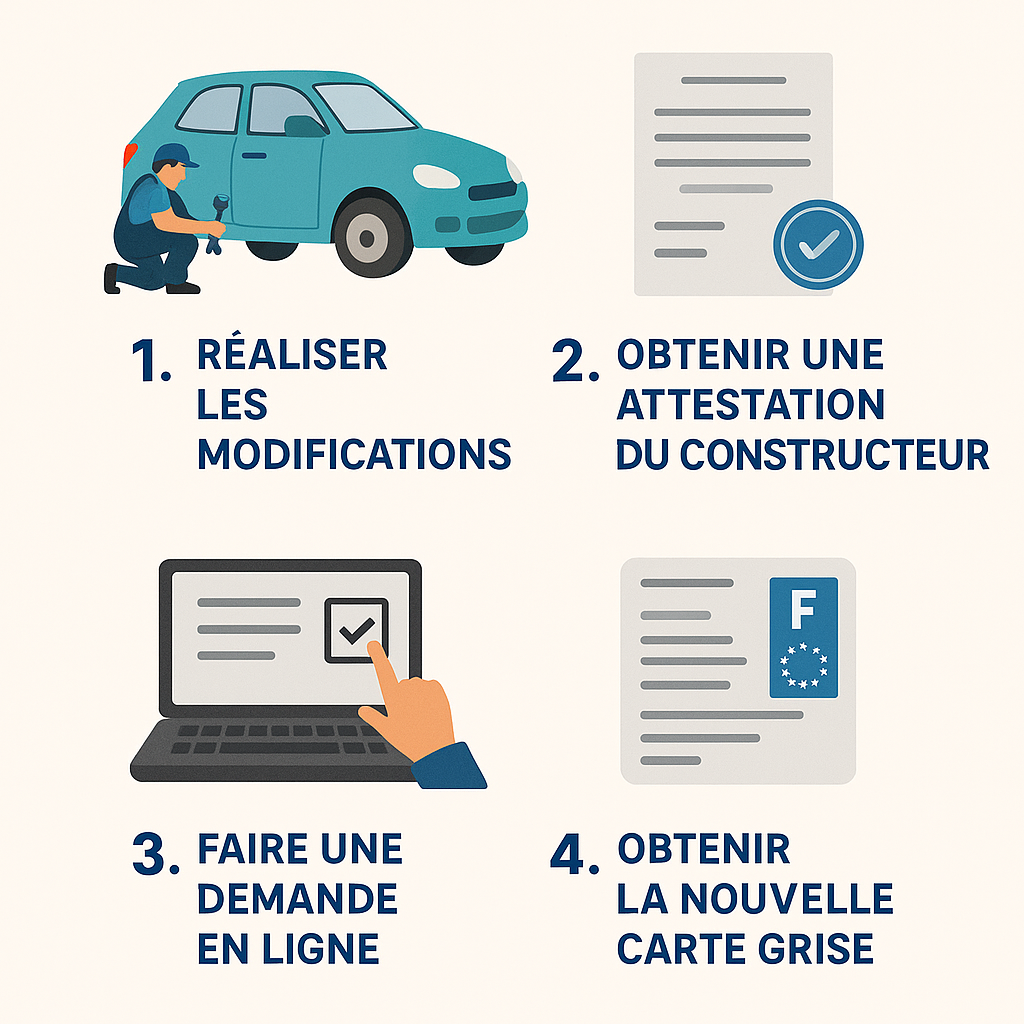 Infographie sur les étapes pour modifier les caractéristiques techniques d'une carte grise