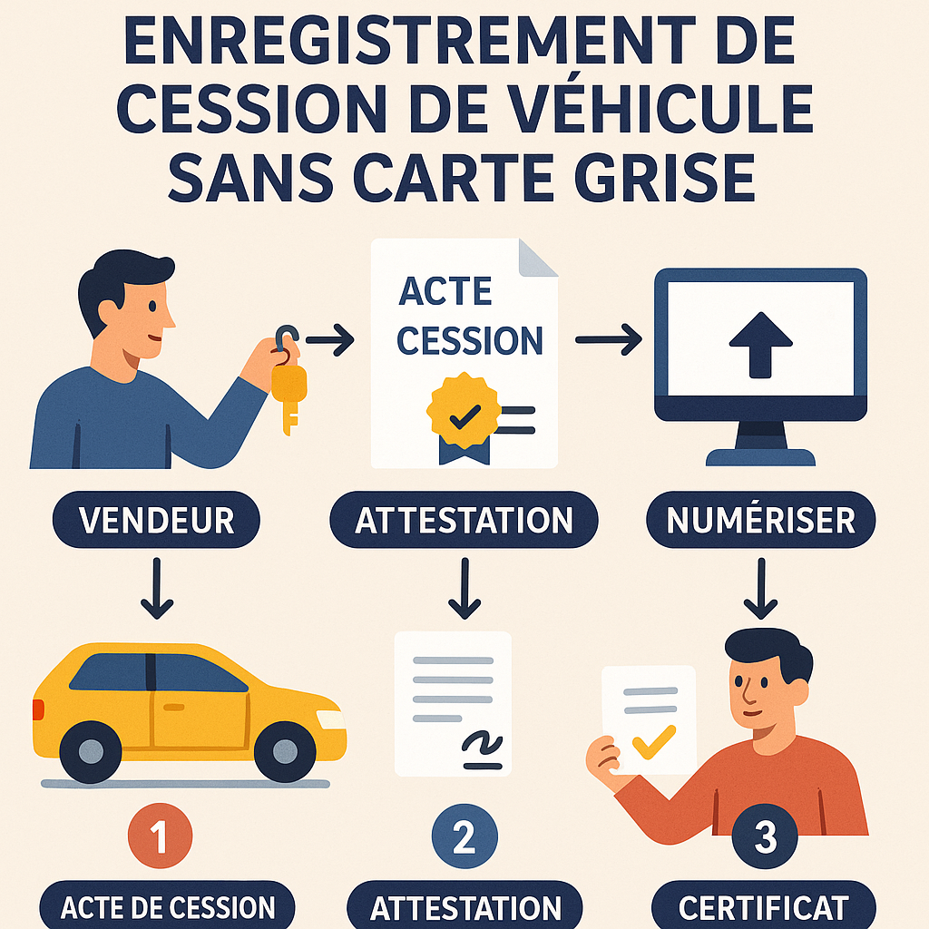 Infographie sur l'enregistrement de cession d'un véhicule sans carte grise.