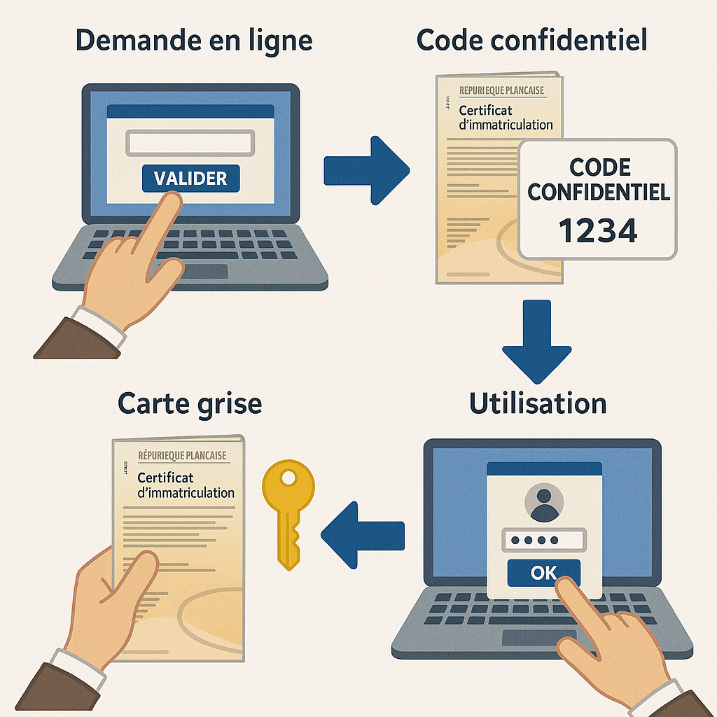 Illustration du processus d'obtention du code confidentiel de la carte grise