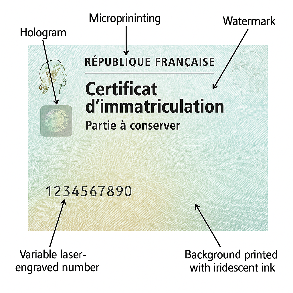 Éléments de sécurité d'un duplicata de carte grise avec labels explicatifs