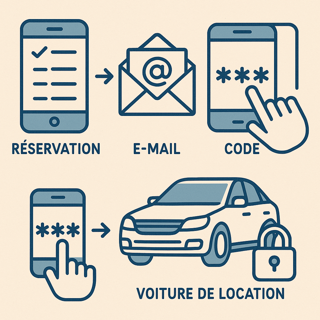 Illustration du processus d'obtention d'un code confidentiel pour une voiture de location