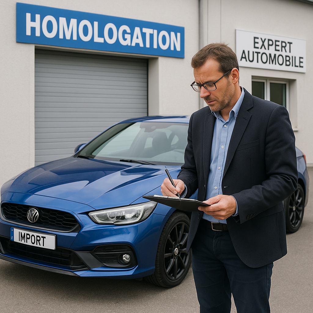 Expert automobile examinant un véhicule importé pour homologation